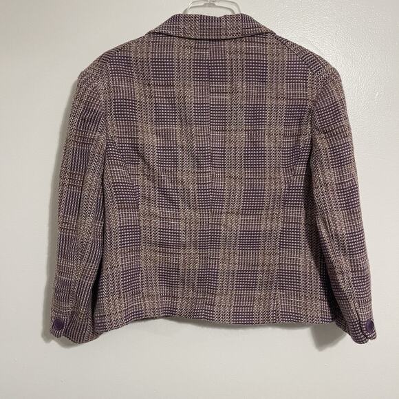 Worthington Plaid Tweed Cropped Blazer Size 14 Purple Beige Pockets Office Fall - Picture 4 of 11